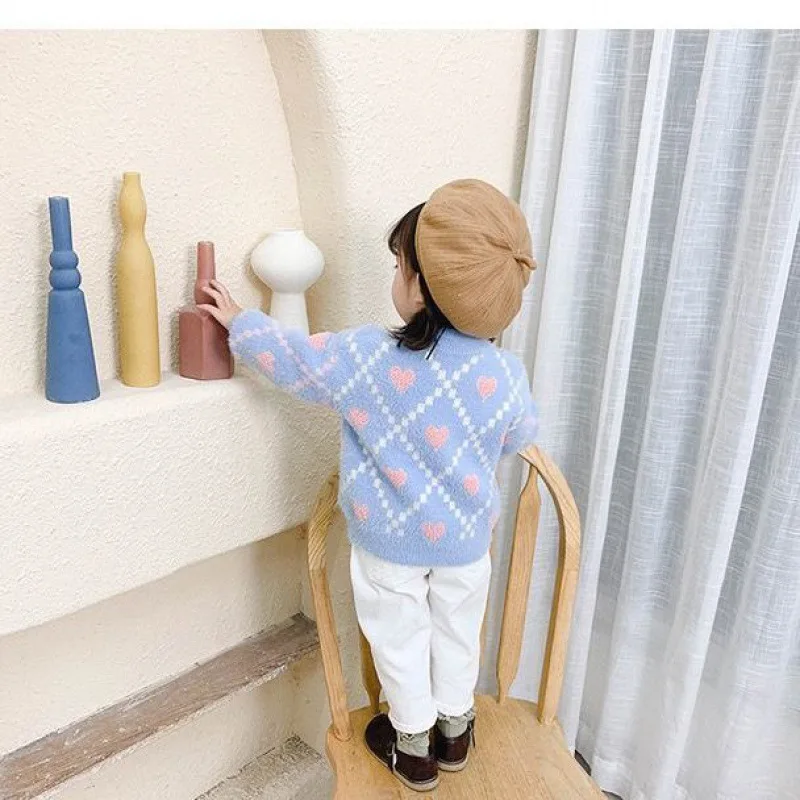 

New Knitting Spring Winter Round Neck Pullover Sweater Girls Kids Children's Warm Mink Down Printing Plus Velvet Clothing
