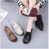 2020 spring women flats genuine leather holed white casual shoes summer soft bottom ladies cowhide shoes breathable sandals