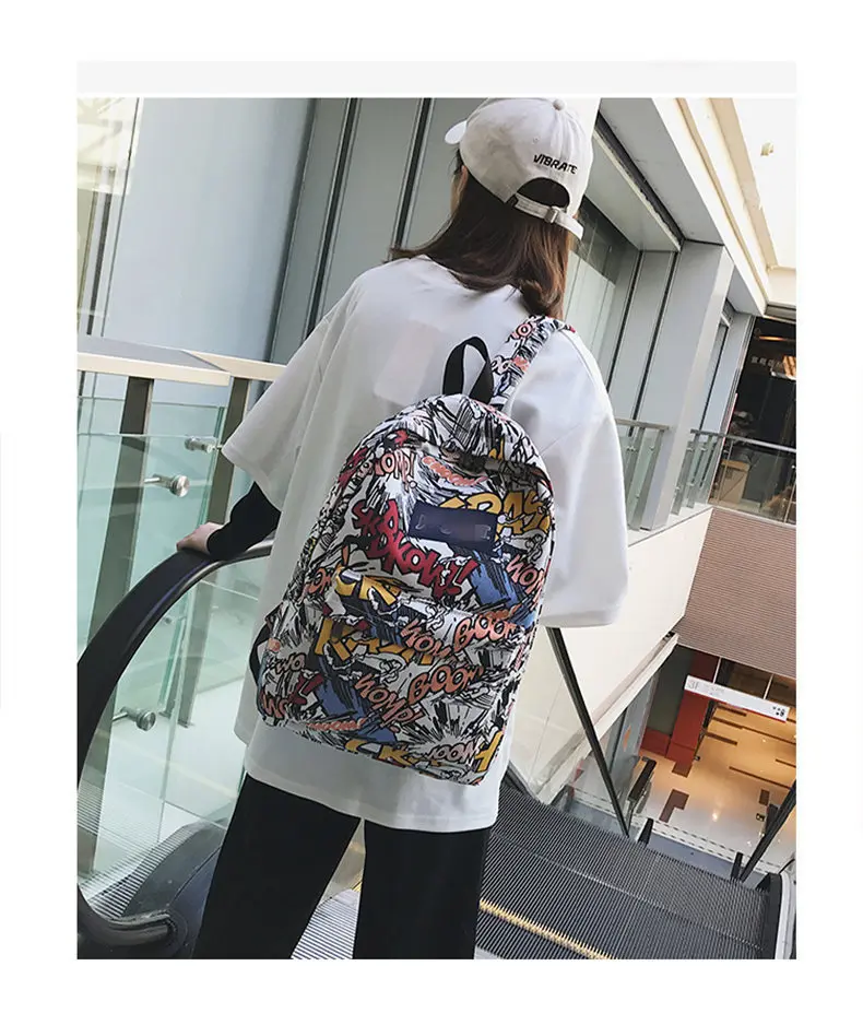 New backpack female cartoon alphabet doodle personality wild backpack men and women shoulder bag mochila