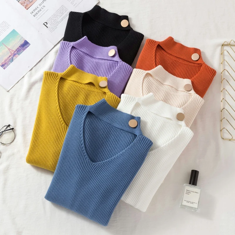 

2021 Autumn Winter New Korean Fashion All-match Pullover Sweater Womens Slim Long Sleeve V-neck Top Knitted Bottoming Shirt 61B