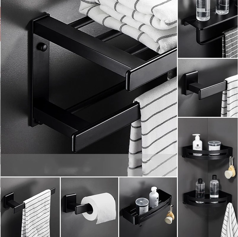 Черный набор аксессуаров для ванной комнаты из алюминиевого сплава держатель