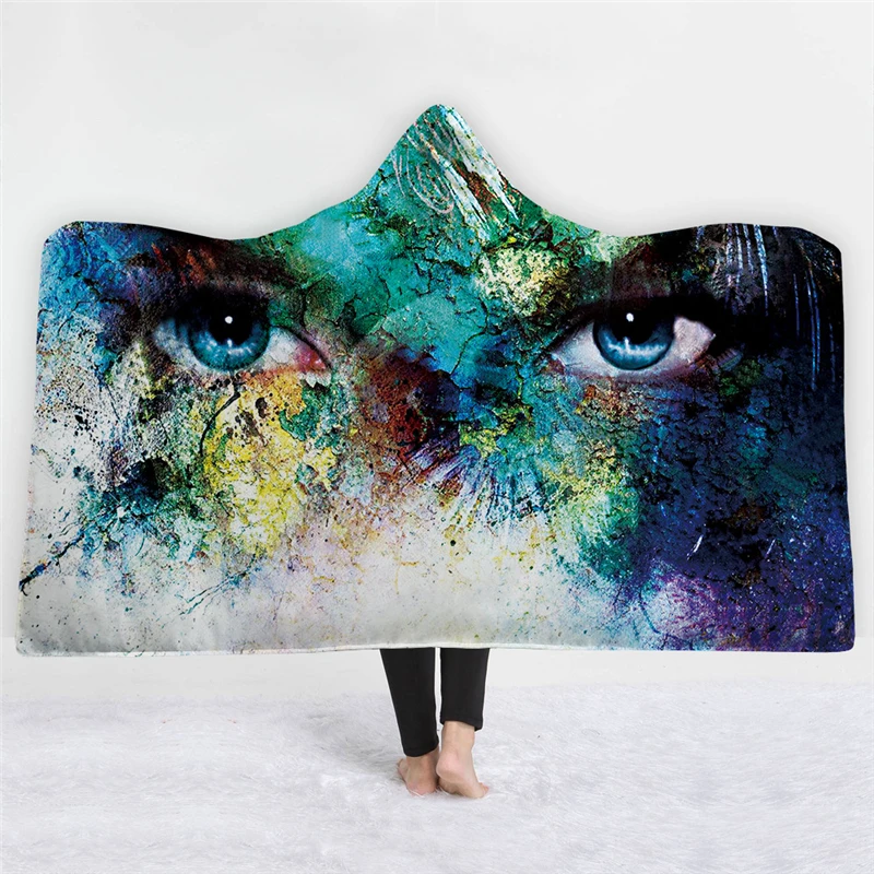 Одеяло из мягкого бархата с капюшоном и рисунком глаз аниме теплое домашнее