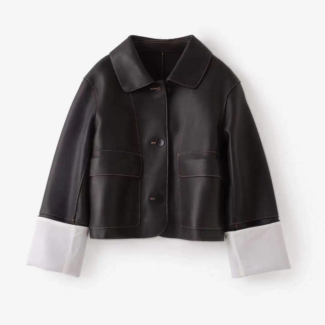 Sheepskin Jacket Women's Double Patch Pocket Spring and Autumn Genuine Leather Clothes Jacket Women's Short Style Fashion