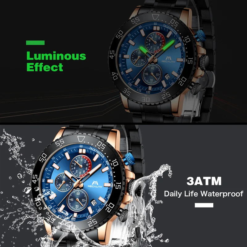 MEGALITH New Stainless Steel Watches Men Waterproof Luminous Quartz Wristwatch Chronograph Clock Male Fashion Sports Watch 8087 | Наручные
