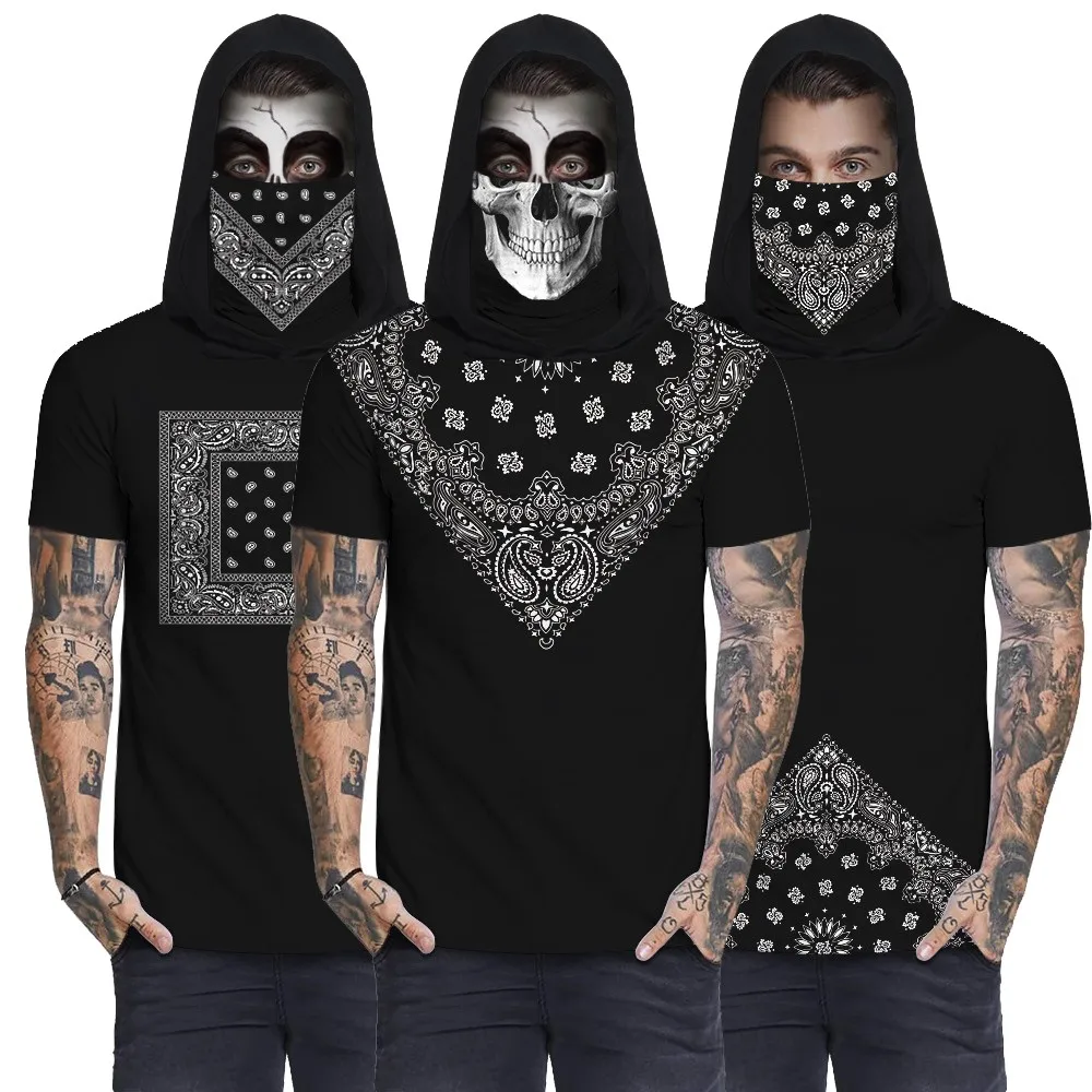 

Men Short Sleeve Hoodie Casual Hooded T-Shirts Blouse Sports Tops Mouth Cover 2021 Summer New Men's Plus Size Casual T-shirt