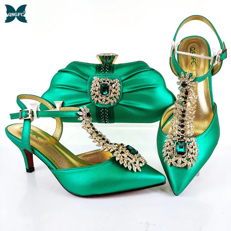 QSGFC Lastest Noble and Elegangt Fashionable Special Style Ladies Shoes and Bag Set in Green Color for Party and Wedding