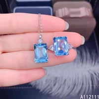 fine jewelry 925 pure silver inset with natural gem womens luxury fashion rectangle blue topaz pendant adjustable ring set supp
