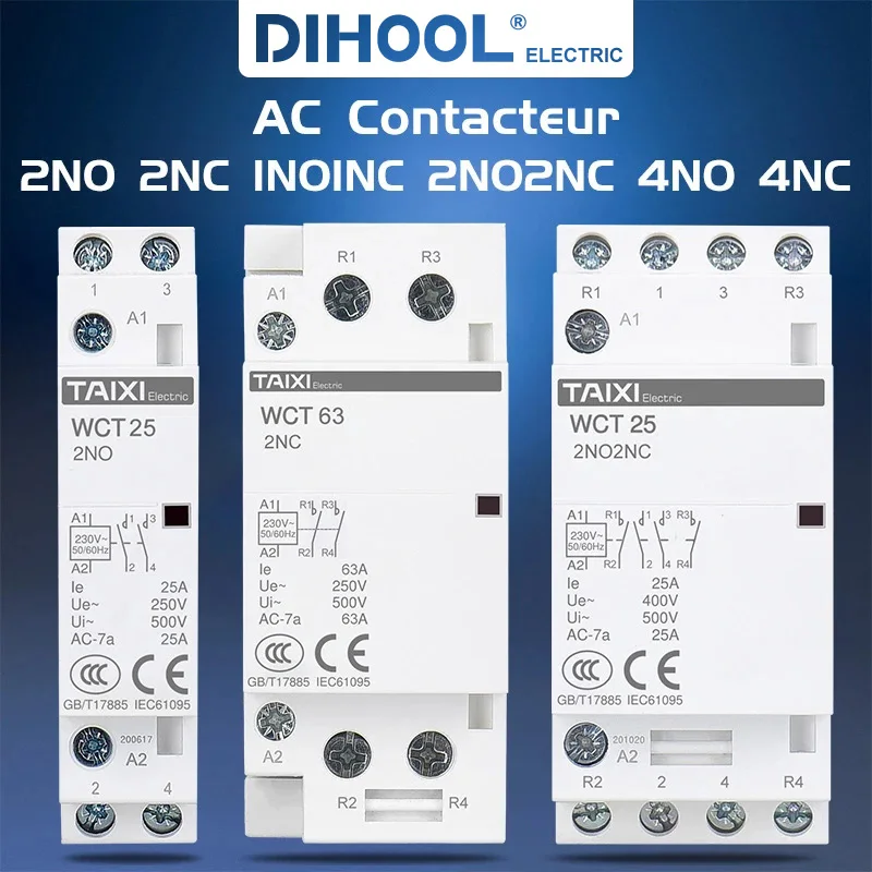 

WCT household Din rail Modular AC contactor 4P 63A 220V/230V 50/60HZ ac Modular contactor 4NO 2NO 2NC 4NC contactor 220V