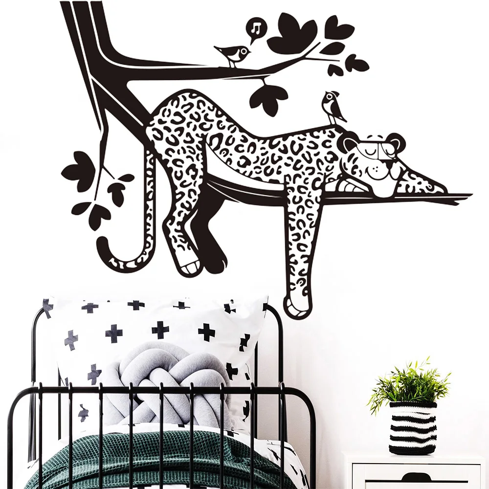 Мультяшные леопардовые наклейки на стену лесные джунгли животные ветки птицы