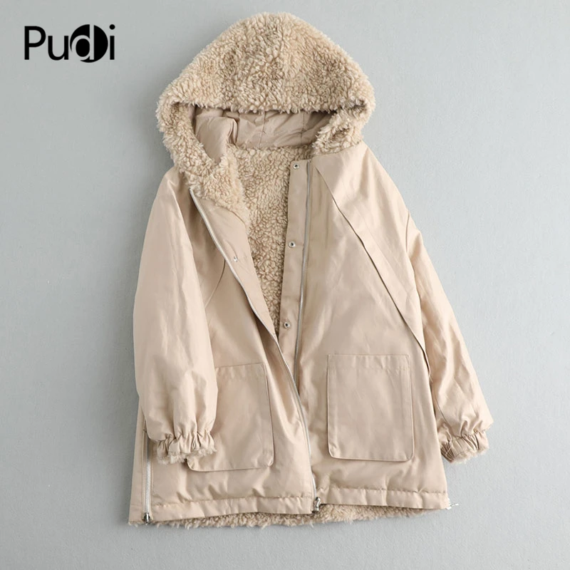 PUDI A59233 women winter polyester fabric real wool fur down warm jacket small camel fur girl coat lady Long jacket overcoat