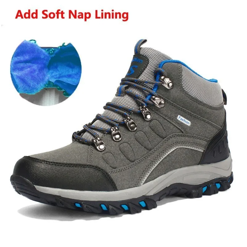 add soft nap Grey Зимняя мужская и женская уличная походная обувь Нескользящая износостойкая походная обувь для альпинизма водонепроницаемые высокие Трекинговые кроссовки - Цвет: add soft nap Grey