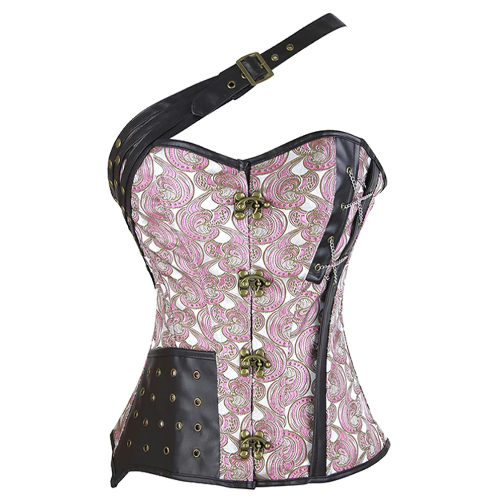 Sexy Women's Steampunk Retro Overbust Corset Faux Leather Boned Lace up Halter Bustier Waist Trainer Gothic Costume Black Pink