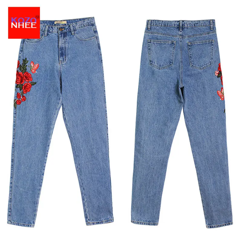 Женские свободные шаровары винтажные джинсы с высокой талией и вышитыми розами