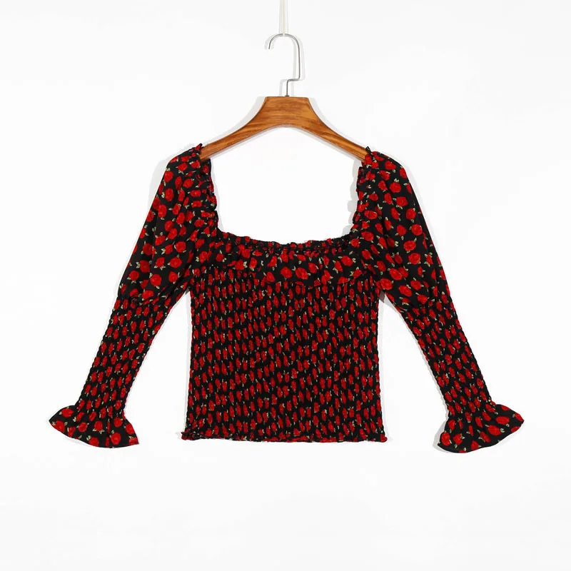 

Summer women's shirt casual flower print square collar trumpet sleeve ruffled decorative shirt