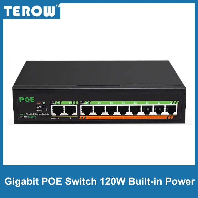 Коммутатор TEROW Gigabit с 10 портами POE 120 Вт 8 портов + 2-Uplinks 1000 м встроенный источник