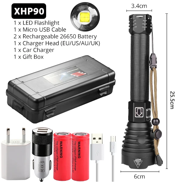 Package D XHP90 самый мощный светодиодный светильник-вспышка XLamp XHP70.2 USB Перезаряжаемый Тактический светильник 18650 26650 фонарь с зумом для кемпинга - Испускаемый цвет: Package D