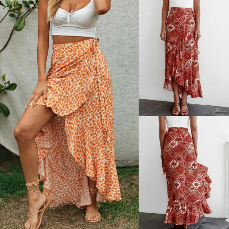 

BOHO Womens Floral Jersey Gypsy Long Maxi Full Skirt Summer Beach High Waist Bandage Slit Long Skirt Party Boho Maxi Skirt