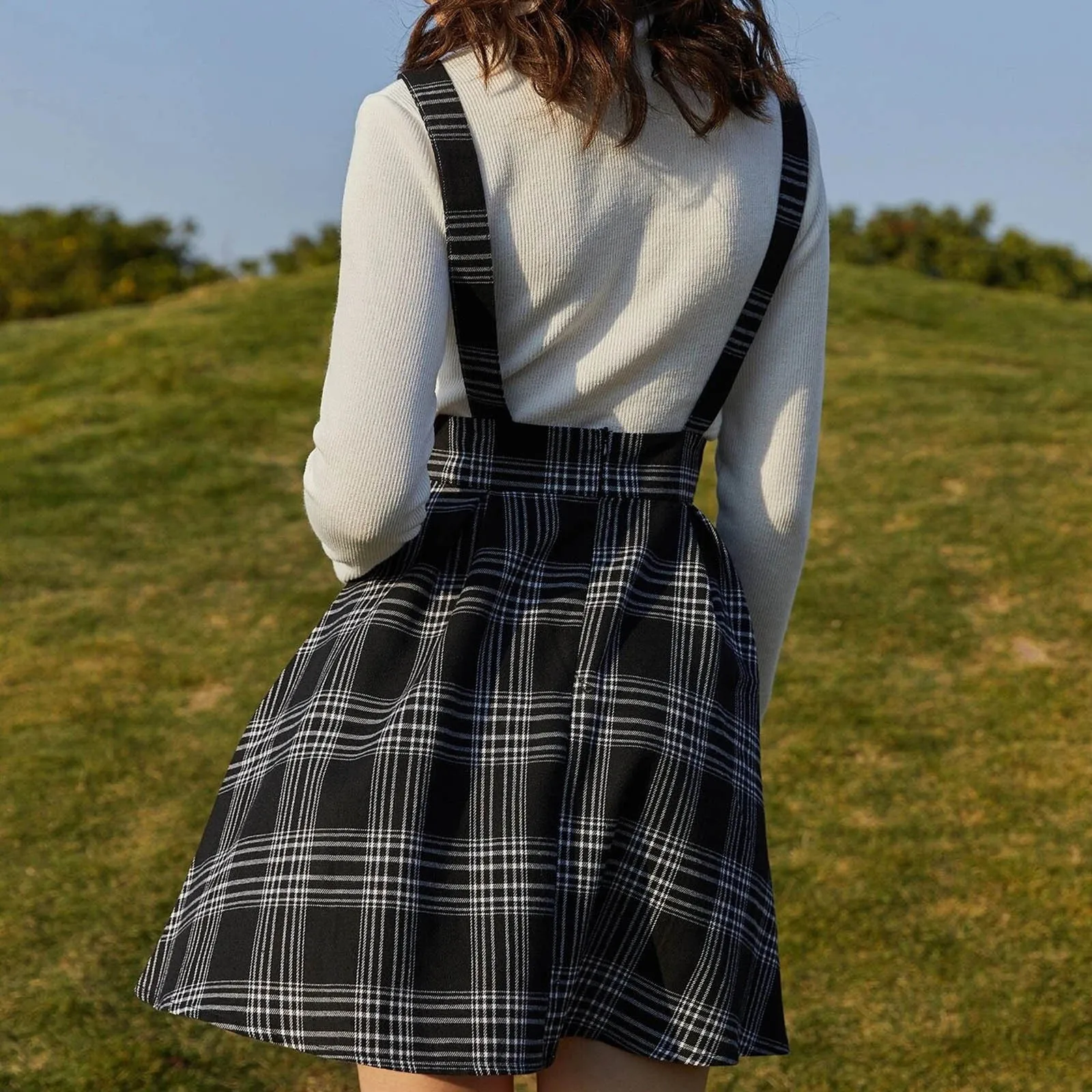 

Wear For Woman Comfortable Women Fashion Plaid Print Dress Cold Shoulder Pleated Cross Strap Dress Free Shipping