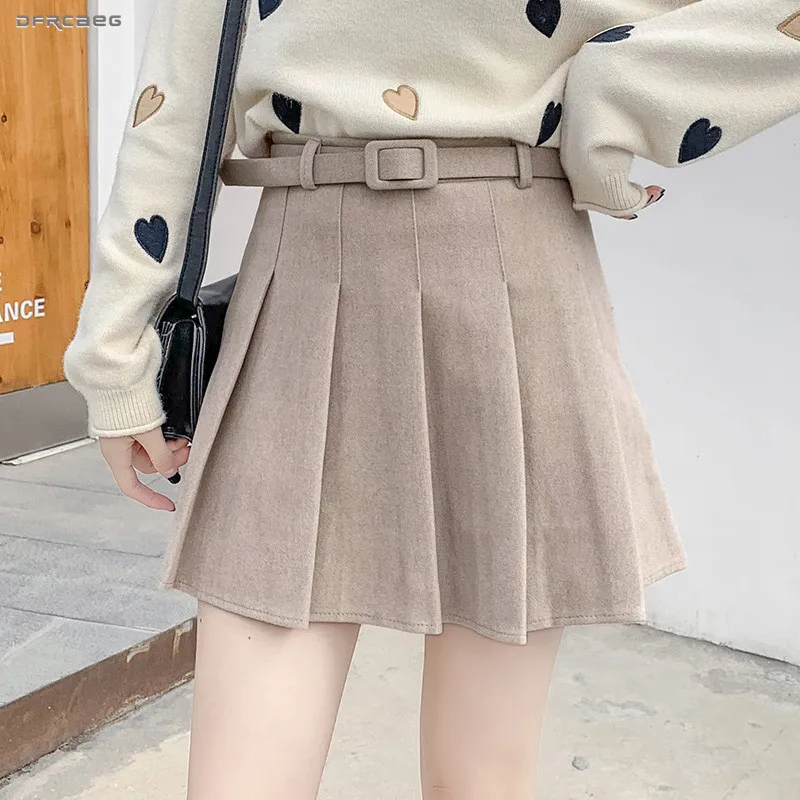 Женская плиссированная мини юбка с высокой талией шерстяная поясом зима