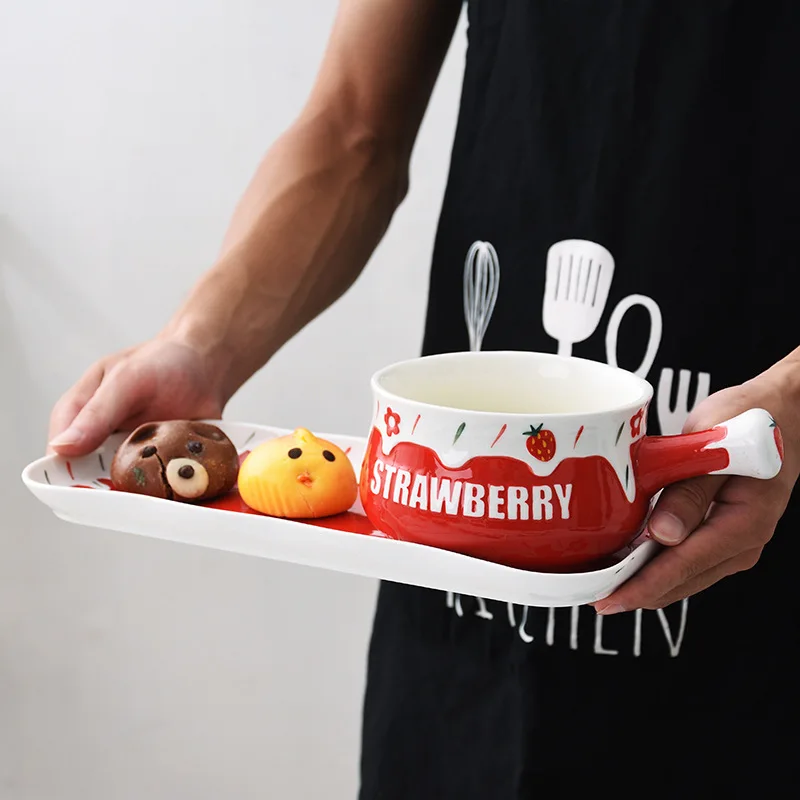 Cute Strawberry Mix Bowl with Handle and Platter Tray Set Ceramic Oatmeal Soup Fruit Salad Container for Breakfast 700ml | Дом и сад