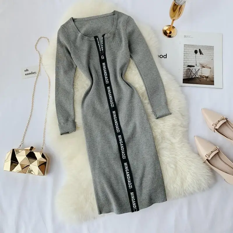 YornMona Women Designer Casual Dress Letter Zipper O-neck Knitted Bodycon Dress Winter Elegant Ladies Office Dress Vestidos