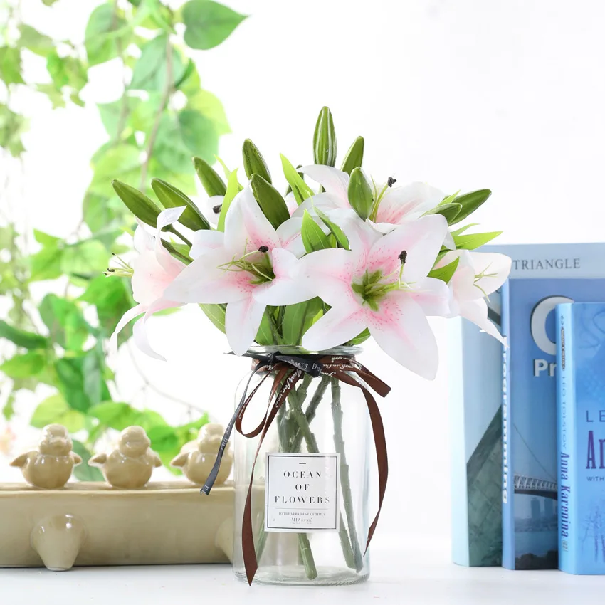 Реалистичный на ощупь искусственный цветок Лилия с 3 головками 1 шт. для