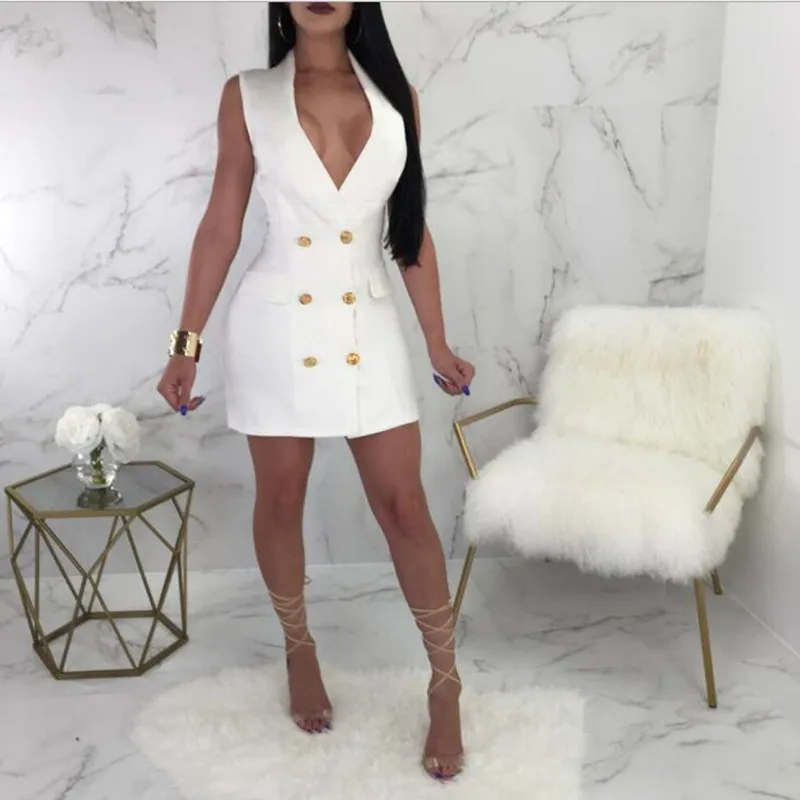 Женское Бандажное мини-платье с треугольным вырезом без рукавов на кнопках для