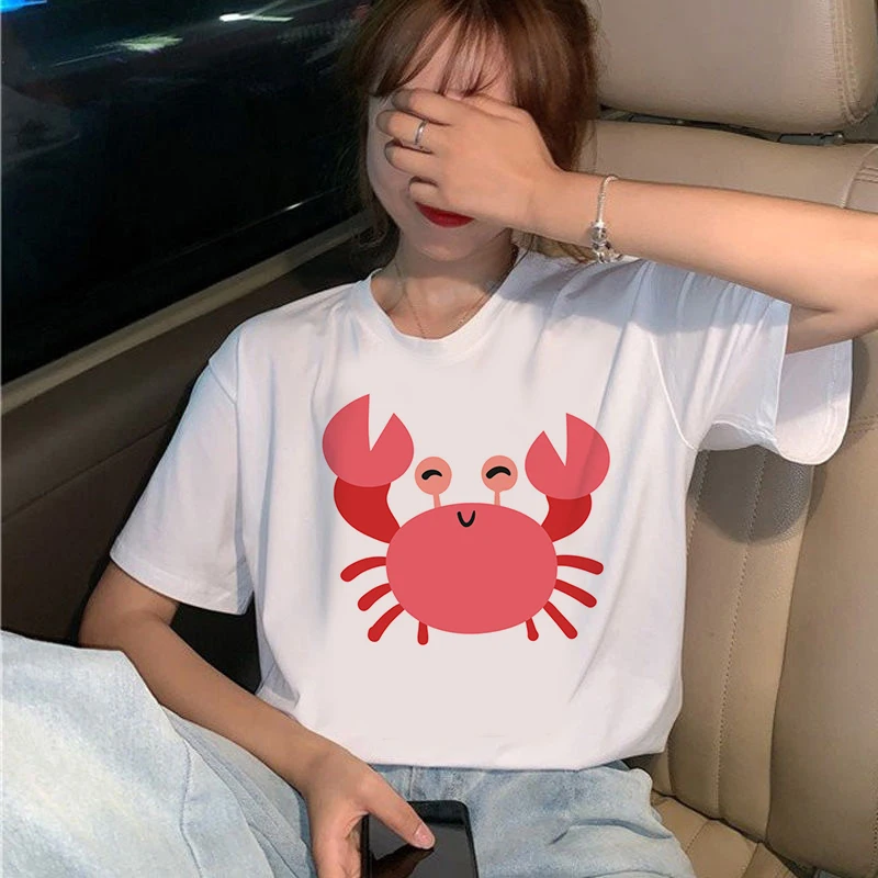 

Cute Crab White T Shirt Women Summer Crab Short Sleeve Lady Tops Tshirt Ladies Women's Graphic Female Tee T-Shirt