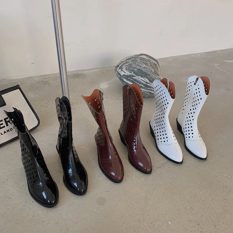 

Women Heels Summer Boots White Hollow Out Low Heeled Boots Punk Black High Heels Boots Fashion Ankle Boots For Women