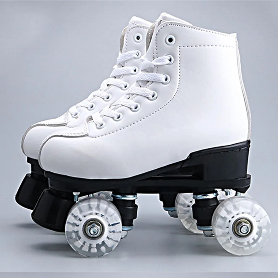 

Japy Artificial Leather Roller Skates Double Line Skates Women Men Adult Two Line Skating Shoes Patines With White PU 4 Wheels