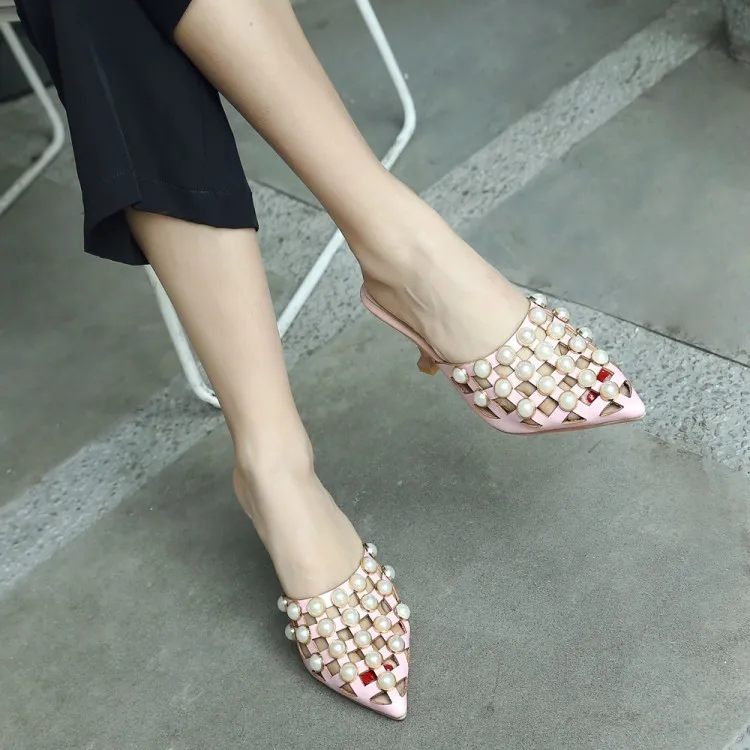 

High Heel Sandals Summer Spring Sweet Pearl Crystal Hollow Out Breathable Slippers Women Sexy Pionted Toe White Black Sandals
