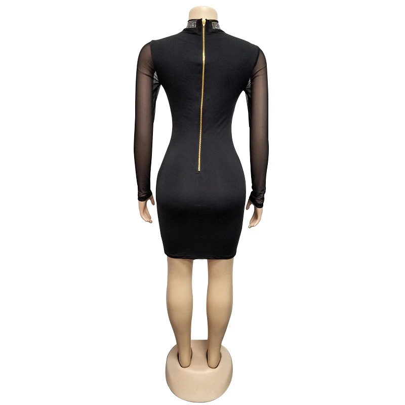 Adogirl бриллианты Sheer Mesh Bodycon Клубное платье Водолазка с длинным рукавом Женские