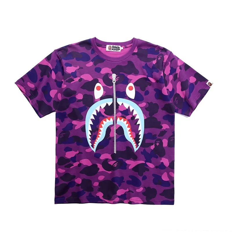 

Bappe Camouflage Shark Print Short Sleeve T-Shirt LooseCasual Round Neck for Women Summer Men Clothing