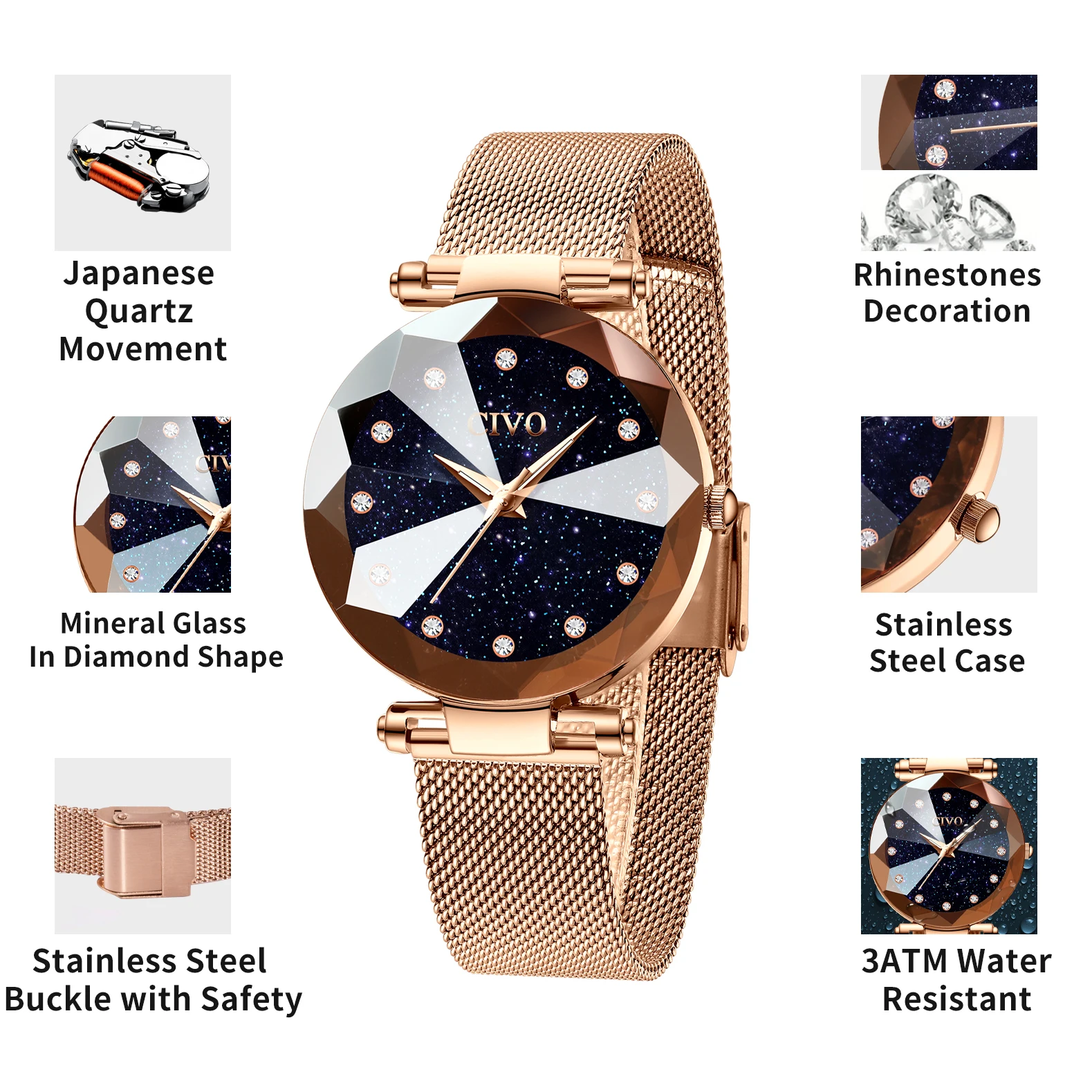 CIVO модные роскошные женские хрустальные часы водостойкие розовое золото Сталь