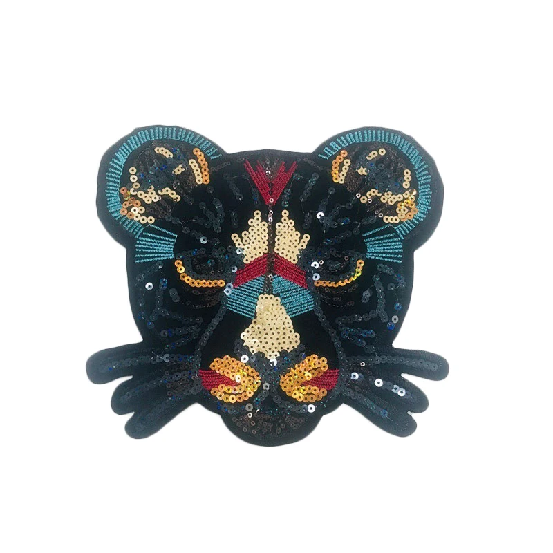 Черная леопардовая голова вышивка кружева аппликация ткань с пайетками свитер