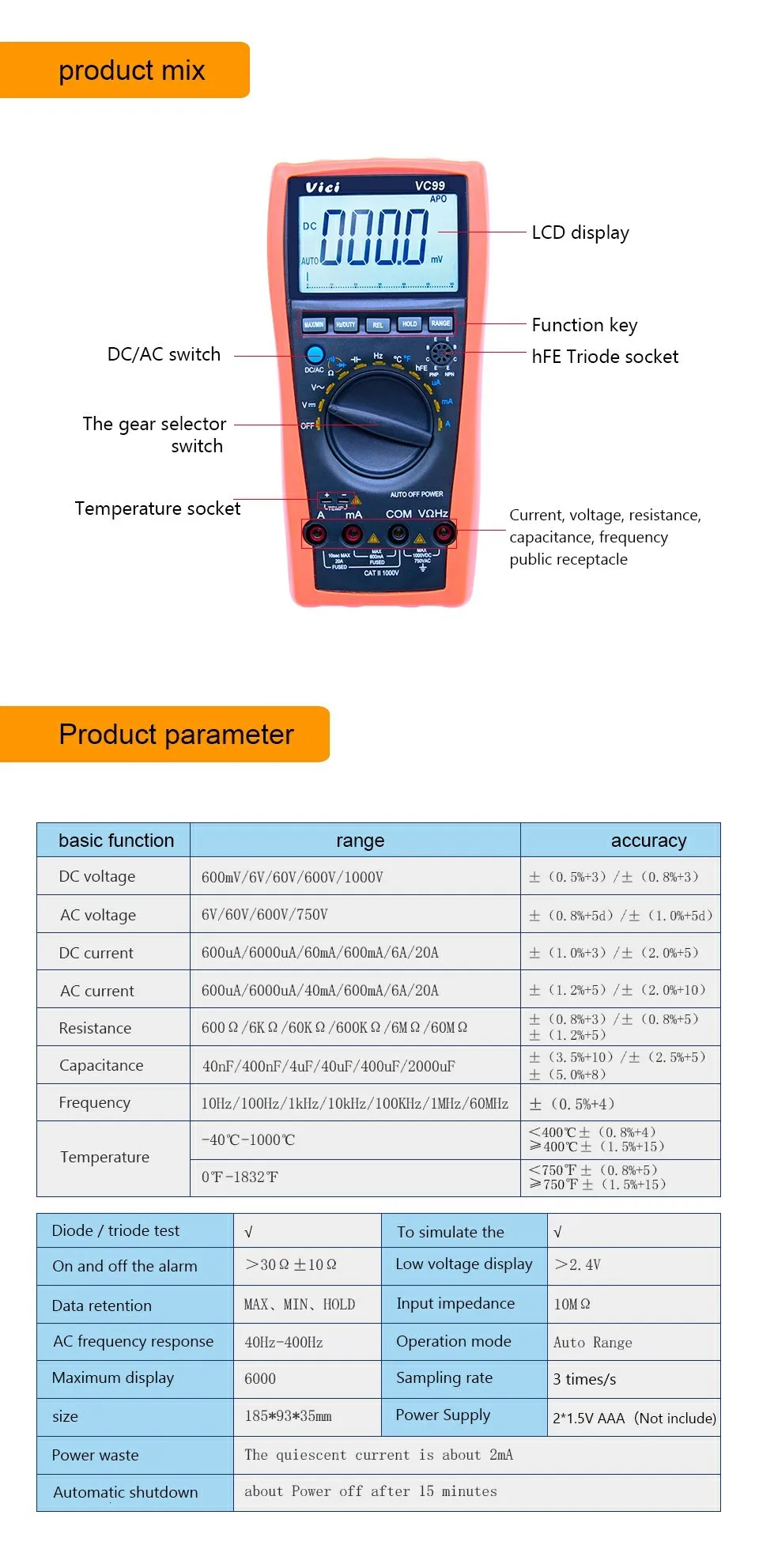 VICI VC99 3 6/7 цифровой мультиметр с автоматическим диапазоном 1000V 20A DC AC Напряжение Ток Сопротивление Емкость Тестер