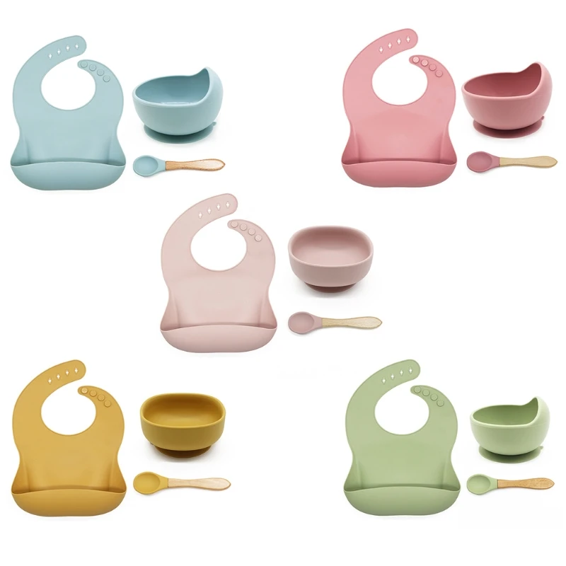 

3 Pcs Baby Bibs+Suction Dish Bowl Plate+Spoon Set Waterproof Food Grade Silicone Newborn Adjustable Drooling Burp Aprons