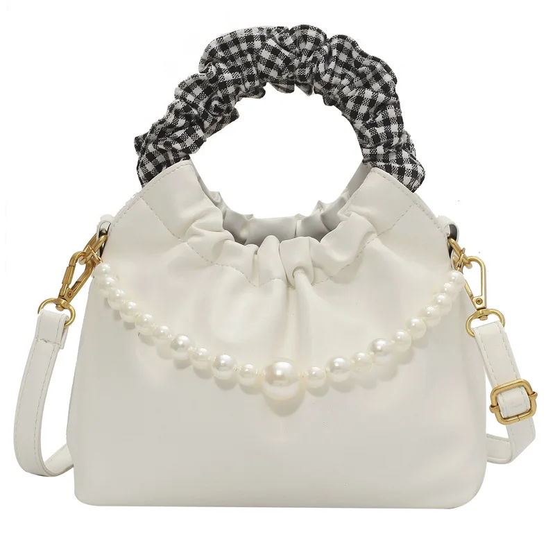 

Fashion Pleated Pearl Chain Shoulder Bags for Women 2021 Summer Solid Color Luxury Brand Handbag Pu Leather Female Crossbody Bag