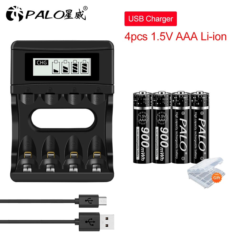 

PALO LCD Smart Charger for 1.5v AA AAA Lithium Li-ion Rechargeable Battery with 4pcs 1.5v AAA Rechargeable Battery