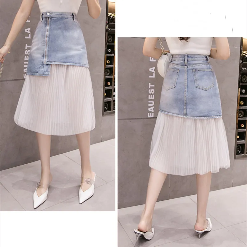 Женская кружевная джинсовая юбка до колен простая модная Асимметричная с