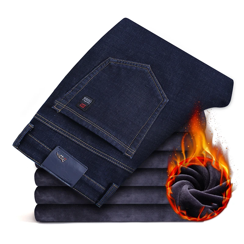 Winter New Men's Warm Thick Business Jeans Classic Style Black Blue Cotton Straight Denim Pants Male Brand Fleece Trousers