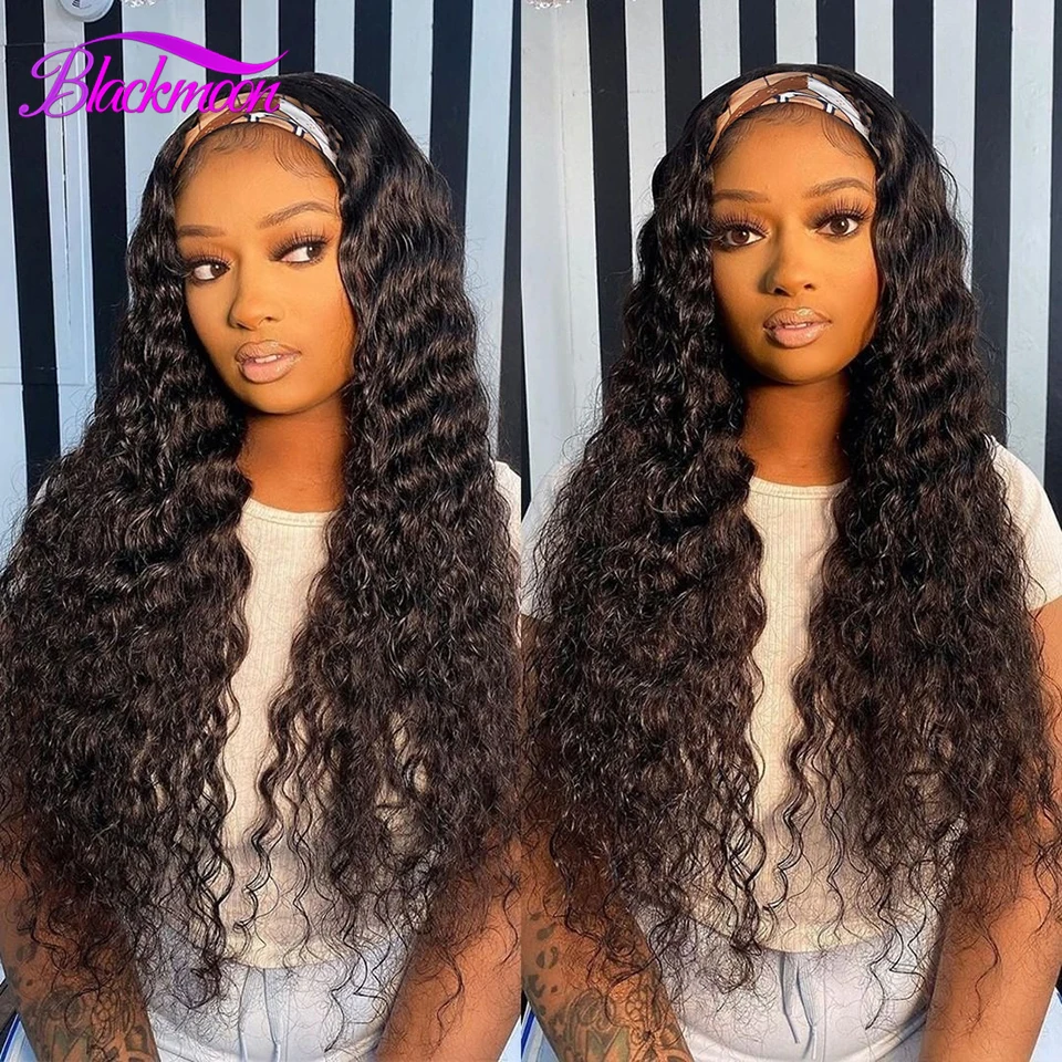 

Brazilian Deep Wave Headband Wig Human Hair Glueless Deep Curly Wig for Black Women Loose Deep Wave Scarf Wig Curly Hair Remy