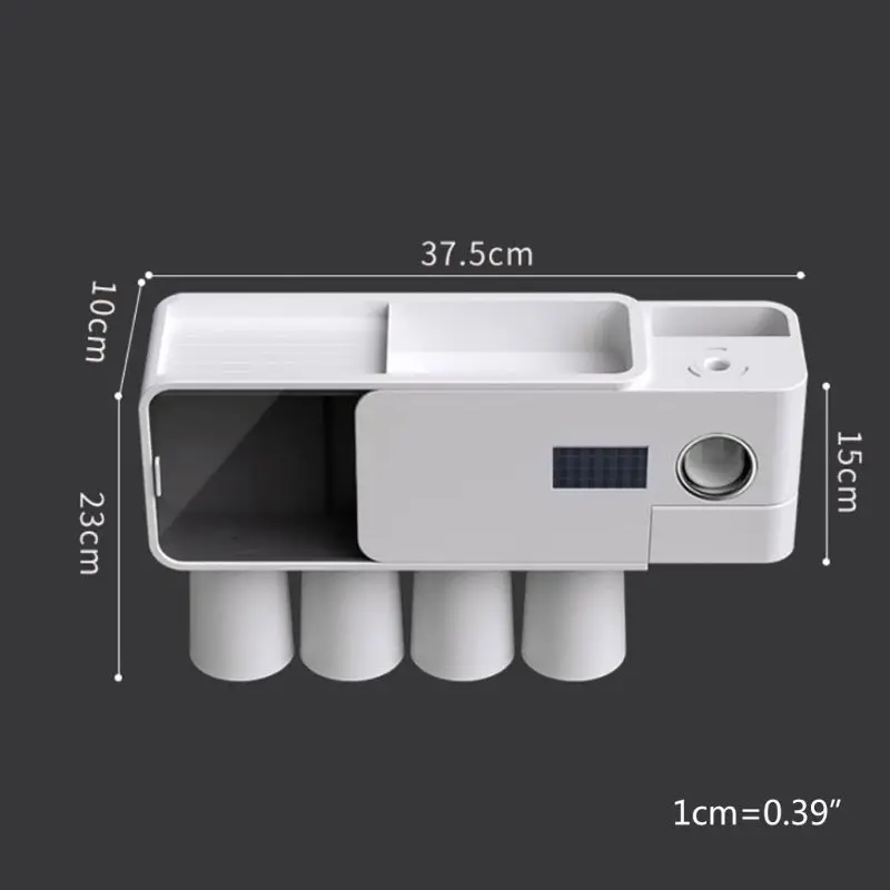

Bathroom Wall-mounted Toothbrush Holder Space Saving Automatic Toothpaste Dispenser 4 Cups and Drawers Cosmetic Storage