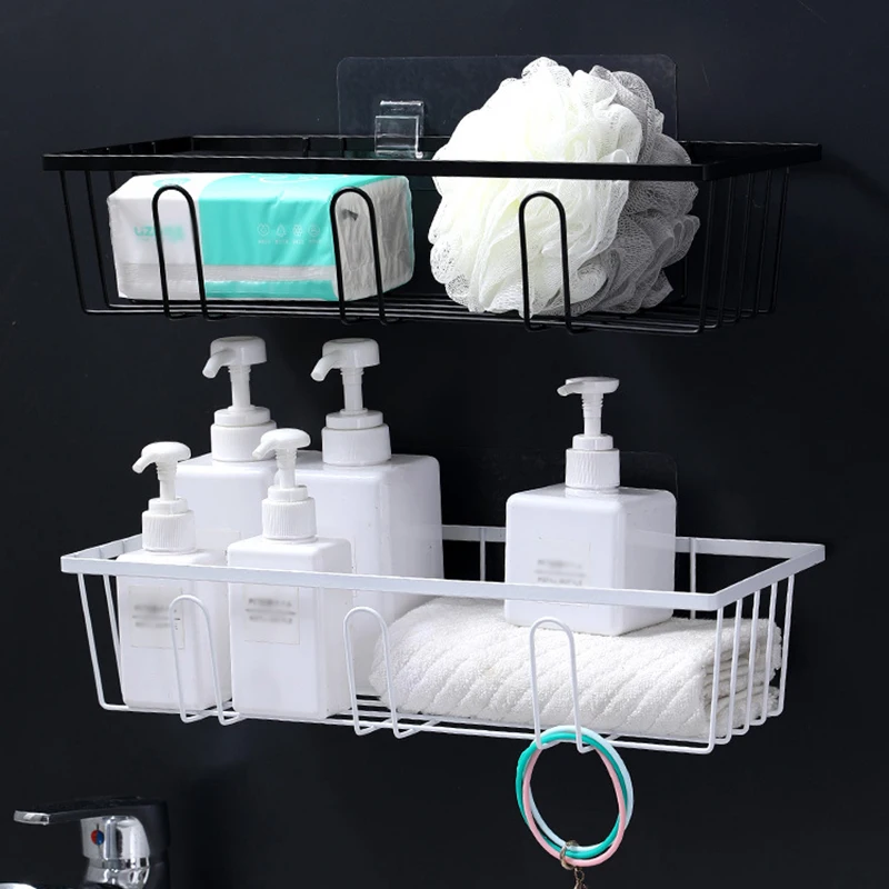 

Wall Mount Drillless Iron Shelf Seamless Storage Rack with 3 Hooks Kitchen Bathroom Supplies ALI88