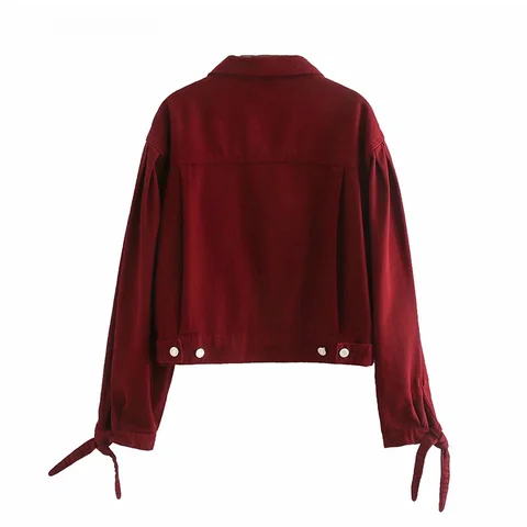 Женская ВИНТАЖНАЯ ДЖИНСОВАЯ КУРТКА, бордовая модная куртка с длинным рукавом и бантом, с карманами, джинсовая куртка с отложным воротником, 2020