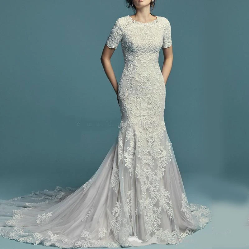 

2021 Lace Appliques Mermaid Modest Wedding Dresses With Short Half Sleeves Jewel Neck Buttons Back LDS Wedding Gowns Sleeved