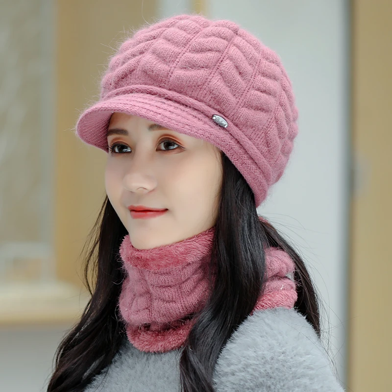 

Women New Winter Korean Knitted wool ball hat scarf set outdoor cycling thick neck warm face mask cap mom rabbit hair Beanies