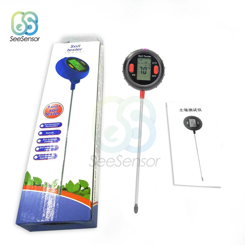 PH метр 5 в 1 цифровой с монитором влажности почвы измеритель температуры и