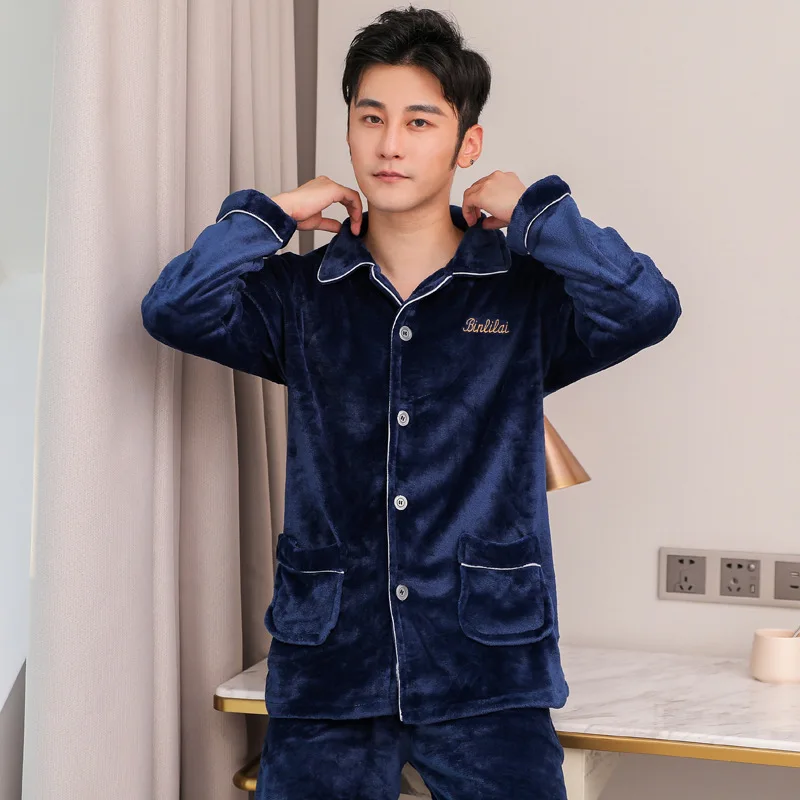 

Two Piece Set Winter Warm Pajama Set for Men Sleep Tops Sleepwear Nightwear Home Suit Lounge Set Large Size