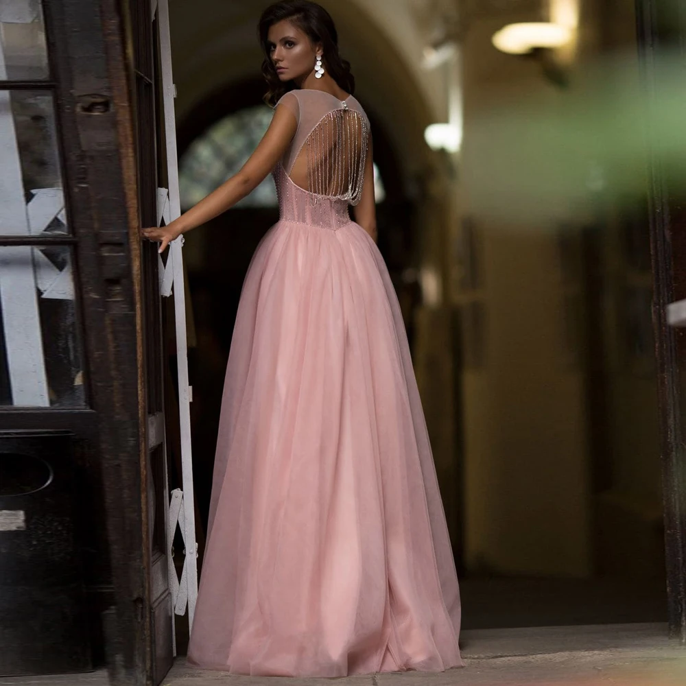 

Vestidos Charming Prom Dresses Tulle Illusion Tassel Beading Bateau Short Sleeve Zipper Ball Gowns